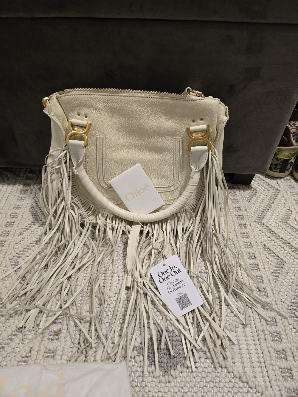 Chloé Cream Leather Fringe Shoulder Bag with Gold Hardware